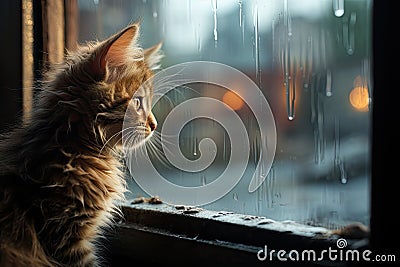 A cute kitten near a rainy window Stock Photo