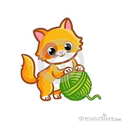 Cute kitten plays with a ball of thread on a white background. Domestic cat on a white background Vector Illustration