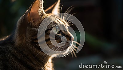 Cute kitten sitting outdoors, staring with curious green eyes generated by AI Stock Photo