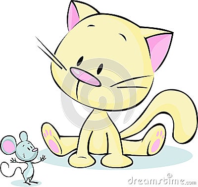 Cute kitten sitting and staring at a mouse cartoon - Vector Illustration
