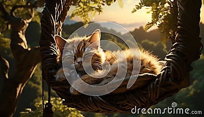 Cute kitten sitting in sunlight, playing with grass and tree generated by AI Stock Photo