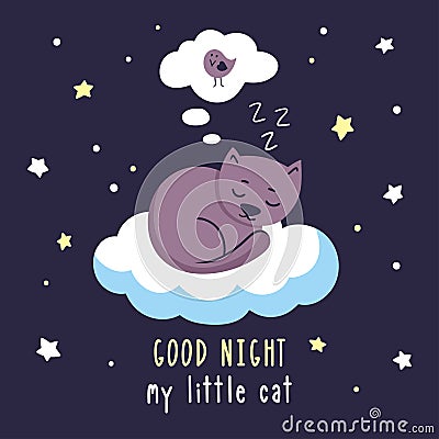 Cute kitten sleeps on the cloud and sees a dream with a bird. Vector Illustration