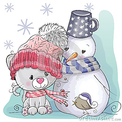 Cute Kitten and snowman Vector Illustration