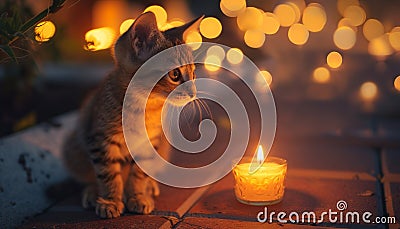 Cute kitten staring with playful, curious, fluffy, striped, abandoned, pampered pet generated Stock Photo
