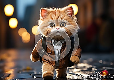 Cute kitten walks down the street with a backpack. Funny unreal digital art. AI generated Stock Photo