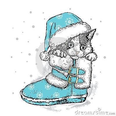 Cute kitten in winter boots. Christmas and New Year. Vector Illustration