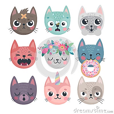 Cute kittens. Characters with different emotions - joy, anger, happines and others Vector Illustration