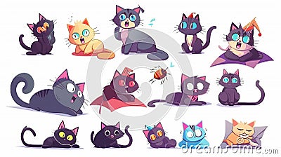 Cute kittens in different poses. Characters lick themselves, entangle in yarn, hunt beetles, lie on pillows, yawn and Stock Photo