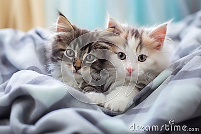 Cute kittens on fluffy plaid home bedroom. Generate Ai Stock Photo