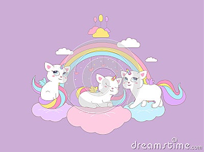 Cute kittens unicorns sit on the clouds under the rainbow Cartoon Illustration