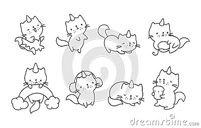 Cute kitty with horn, caticorn line coloring set. Funny magic cats, happy kittens stickers. Childish vector characters Vector Illustration