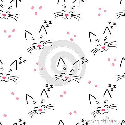 Cute kitty muzzle pattern. Seamless pattern with face cats on white. Vector Illustration