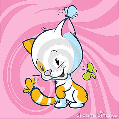 Cute kitty play with butterfly Vector Illustration