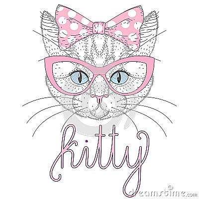 Cute kitty portrait with pin up bow tie on head. Hand drawn cat Vector Illustration