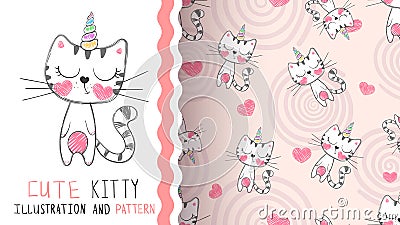 Cute kitty unicorn - seamless pattern. Vector Illustration