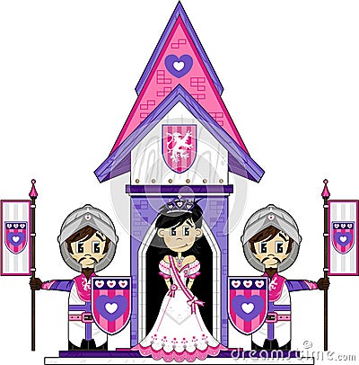 Cute Knights and Princess at Castle Vector Illustration