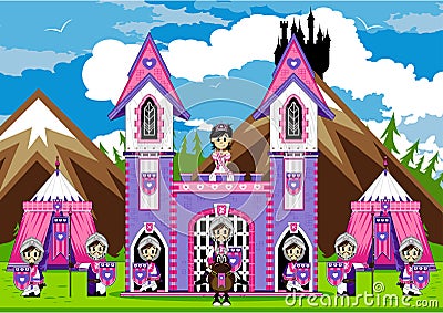 Cute Knights and Princess at Castle Vector Illustration