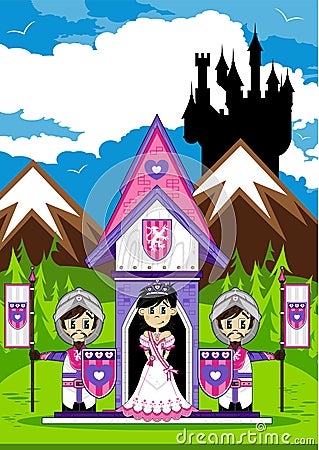 Cute Knights and Princess at Castle Vector Illustration