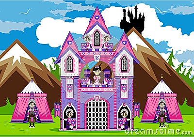 Cute Knights and Princess at Castle Vector Illustration