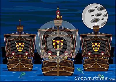 Cute Knights and Princess on Ship Vector Illustration