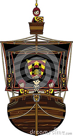 Cute Knights and Princess on Ship Vector Illustration