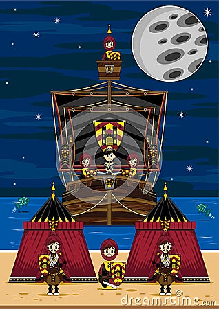 Cute Knights and Princess on Ship Vector Illustration