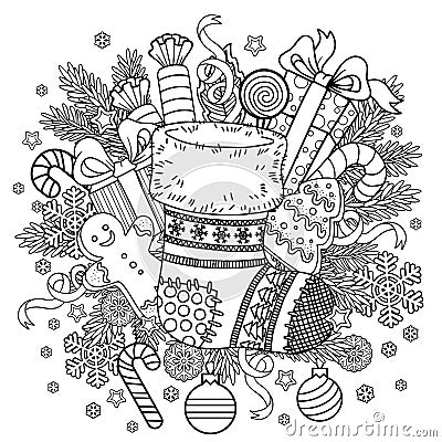 Cute knitted Christmas sock with sweet gifts from Santa Claus. Vector mandala coloring page for adults. Page for coloring book and Vector Illustration