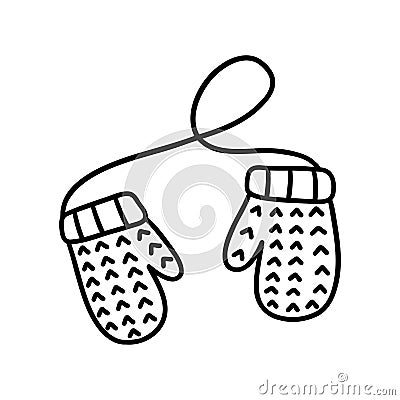 Cute knitted warm winter mittens on string. Vector doodle Vector Illustration