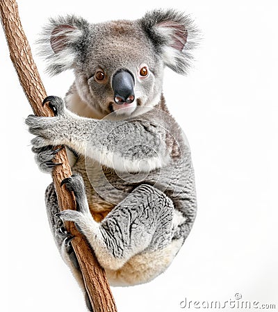 Cute koala bear clinging to a tree branch, isolated on white background. Stock Photo