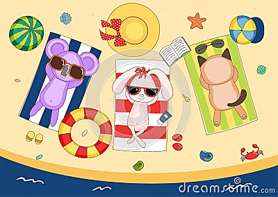 Cute koala, bunny and cat on the beach Vector Illustration