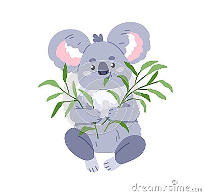 Cute koala eating leaf branch. Happy funny baby animal with green food. Adorable kawaii Australian bear with plant Vector Illustration