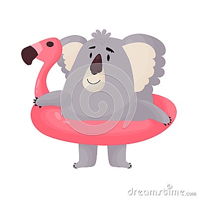 Cute Koala goes swimming in the sea with a rubber circle. Vector Illustration