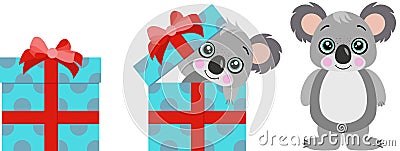 Cute koala going out of blue gift with red ribbon bow Vector Illustration