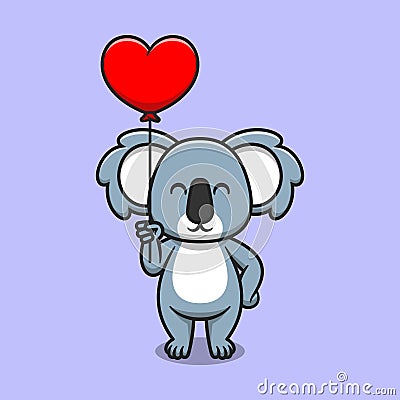 Cute koala holding love balloon cartoon icon illustration Vector Illustration