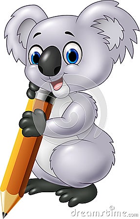 Cute koala holding pencil on white background Vector Illustration