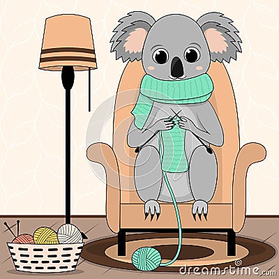 Cute koala knitter. Cartoon animal character sitting in the chair at home and knitting scarf. Flat illustration Cartoon Illustration