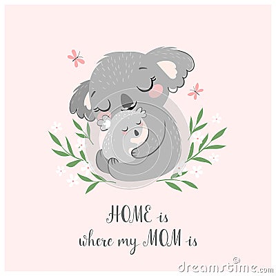 Cute koala MOM and baby Vector Illustration