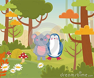 Koala and penguin flowers and forest Vector Illustration