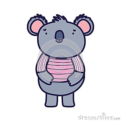 Cute koala with striped shirt cartoon character on white background Vector Illustration