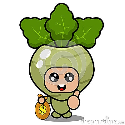 Kohlrabi vegetable costume mascot holding coin pouch Vector Illustration