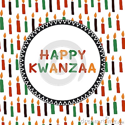 Cute Kwanzaa greeting card with seamless pattern with kinara candles and colorful text. Vector Kwanzaa holiday festival Vector Illustration