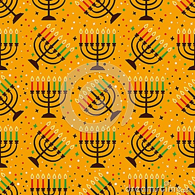 Cute Kwanzaa seamless pattern with seven kinara candles and dots, stars, in traditional African colors - black, red Vector Illustration