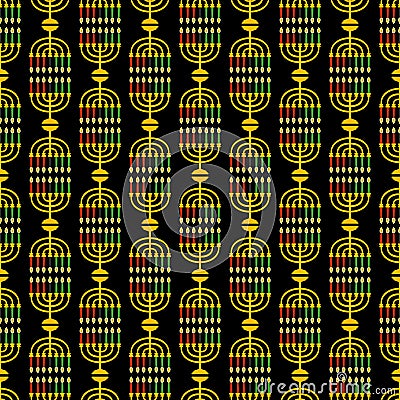 Cute Kwanzaa seamless pattern with seven kinara candles in traditional African colors - black, red, green on black Vector Illustration