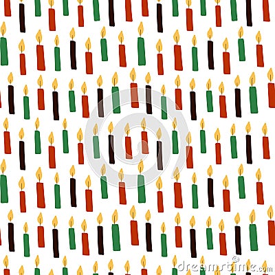 Cute Kwanzaa seamless pattern with seven kinara candles in traditional African colors - black, red, green on white. Vector Kwanzaa Vector Illustration