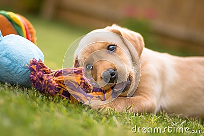 Cute Labrador puppy chewing toy Stock Photo