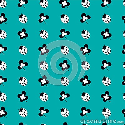 Cute Lady Bug and Green Clover Leaves Vector Graphic Seamless Pattern Vector Illustration