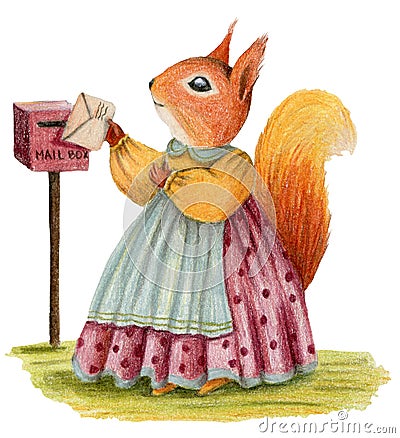 Cute lady squirrel send a letter. Cartoon Illustration