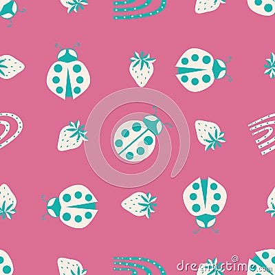 Cute ladybird, dotted rainbow, strawberry seamless vector pattern background. Teal cream whiteLadybugs with strawberries Vector Illustration