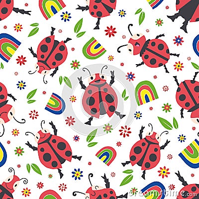 Cute ladybirds and rainbows seamless vector pattern background. Happy dancing ladybugs in childlike drawing style Vector Illustration