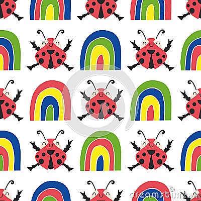 Cute ladybirds and rainbows seamless vector pattern background. Happy dancing ladybugs in childlike drawing style Vector Illustration